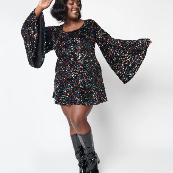 Unique Vintage Smak Parlour Black & Rainbow Sequin Mini Dress, 2x/18 - Picture 5 of 5